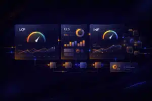 Website performance optimization dashboard with Core Web Vitals metrics and system graphs