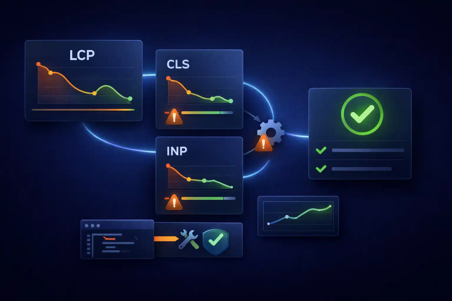Minimal performance dashboard showing LCP, CLS, and INP metrics with a highlighted bottleneck and a resolved status.