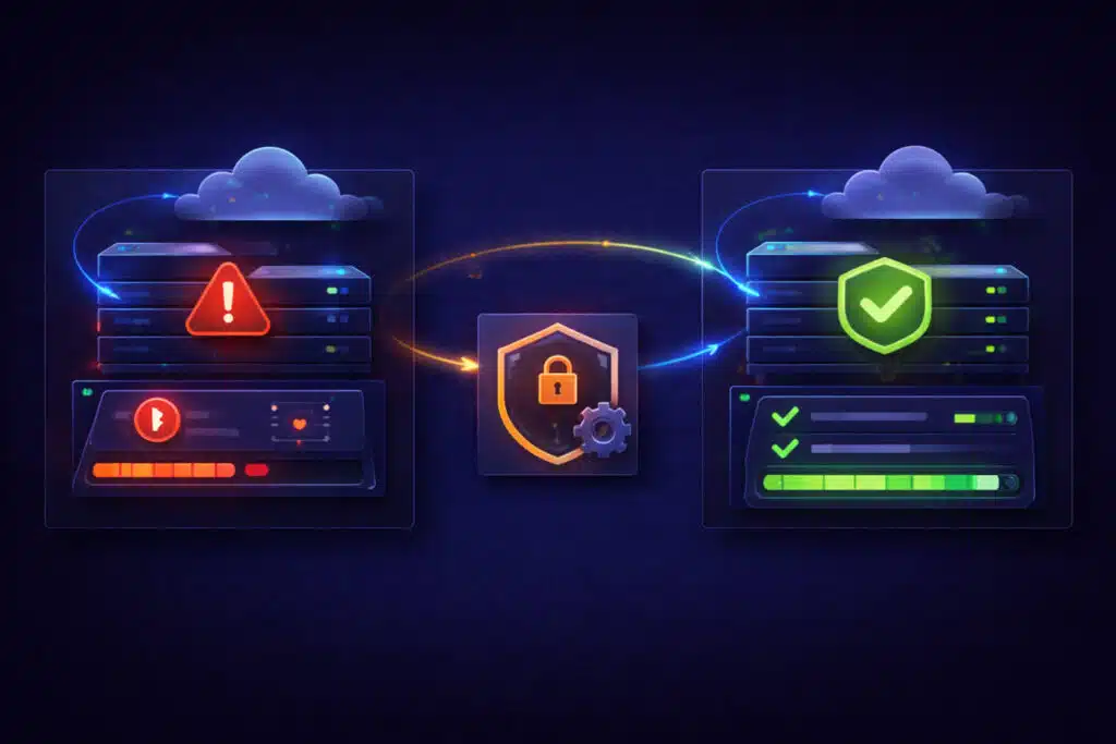 Abstract server migration illustration showing downtime resolved.