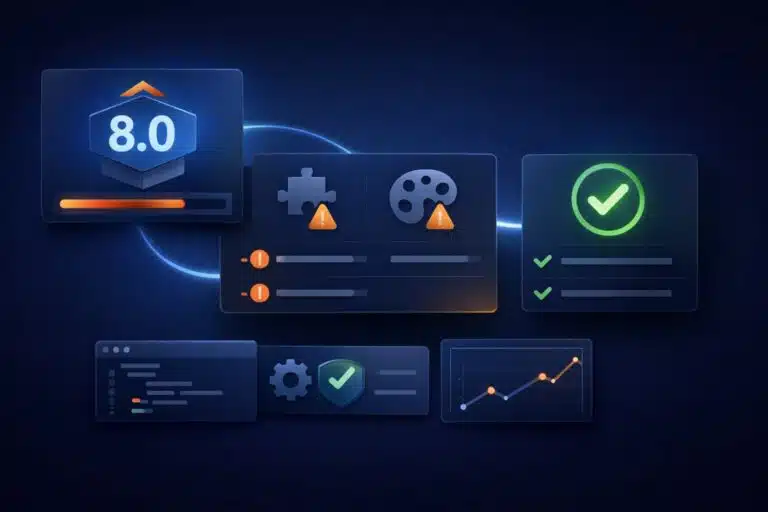 Abstract UI dashboard showing a PHP 8 upgrade compatibility check with issues detected and resolved for a WordPress site.