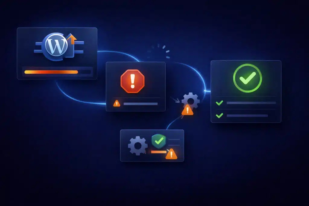 Abstract illustration showing a WordPress site outage after a plugin update with a recovery workflow.