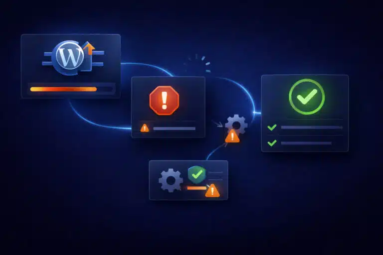 Abstract illustration showing a WordPress site outage after a plugin update with a recovery workflow.