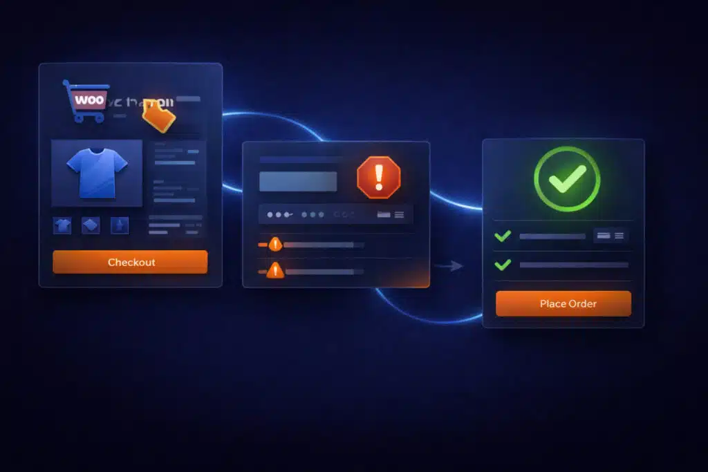 Abstract WooCommerce checkout flow showing an error and recovery.