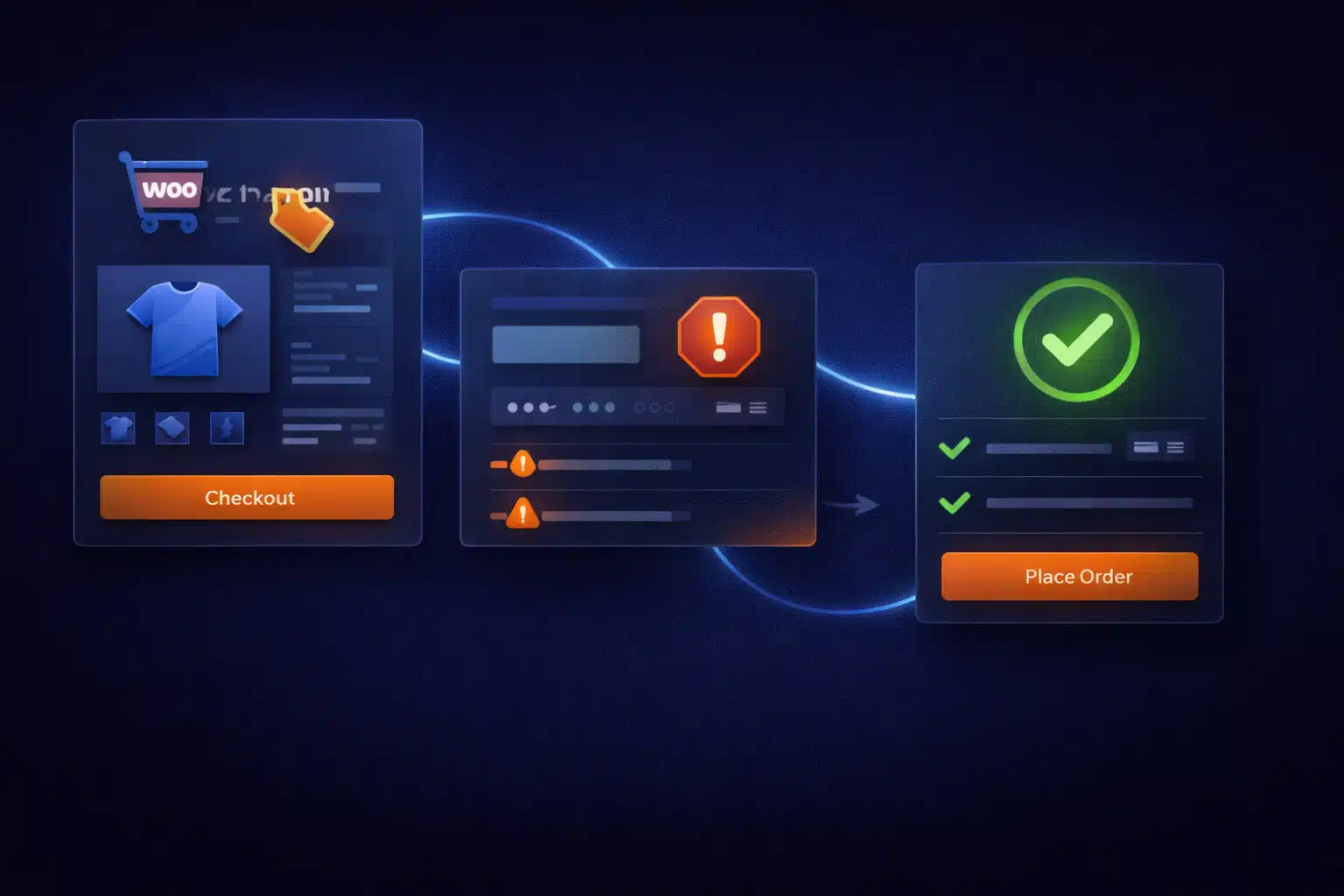 Abstract WooCommerce checkout flow showing an error and recovery.