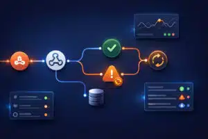 n8n automation workflow dashboard showing webhook, conditional logic, and notifications