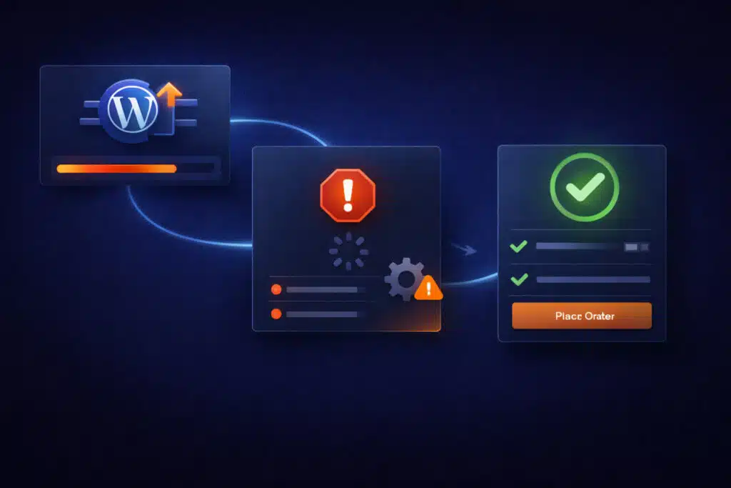 Abstract WordPress core update failure illustration with recovery flow.