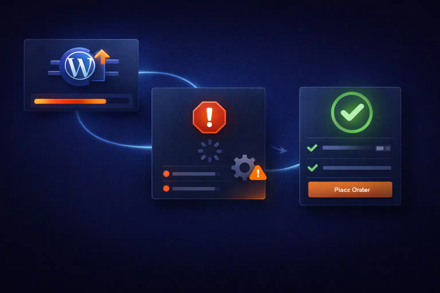 Abstract WordPress core update failure illustration with recovery flow.